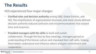 The Results
44
HCS experienced four major changes:
• Clarified roles and decision authority among GBD, Global Entities, an...