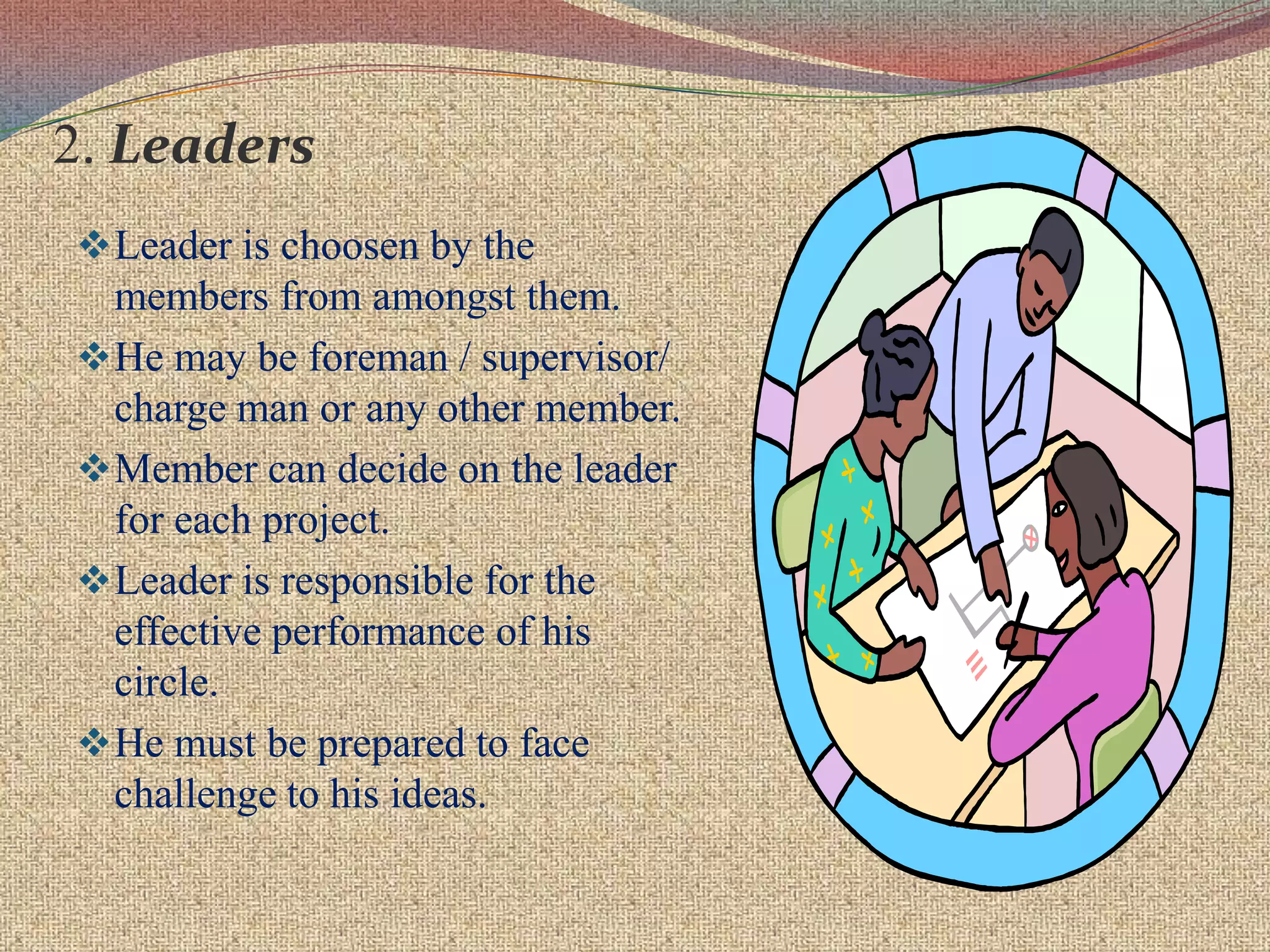 It is actively involved in sharing experiences of Indian organizations in this effort.Objectives  of  Quality  CirclesChange in Attitude:-From “I don't care” to “I do care”. Continuous improvement in quality of work life through humanization of work.Self development:-Bring out “Hidden Potential” of people . People get to learn additional skills.Development of Team Spirit:- Individual vs. Team – “I couldn’t but we did it”. Improved Organisational Culture:-Positive working environment. Total involvement of people at all levels. Higher motivational level. Participate management process.