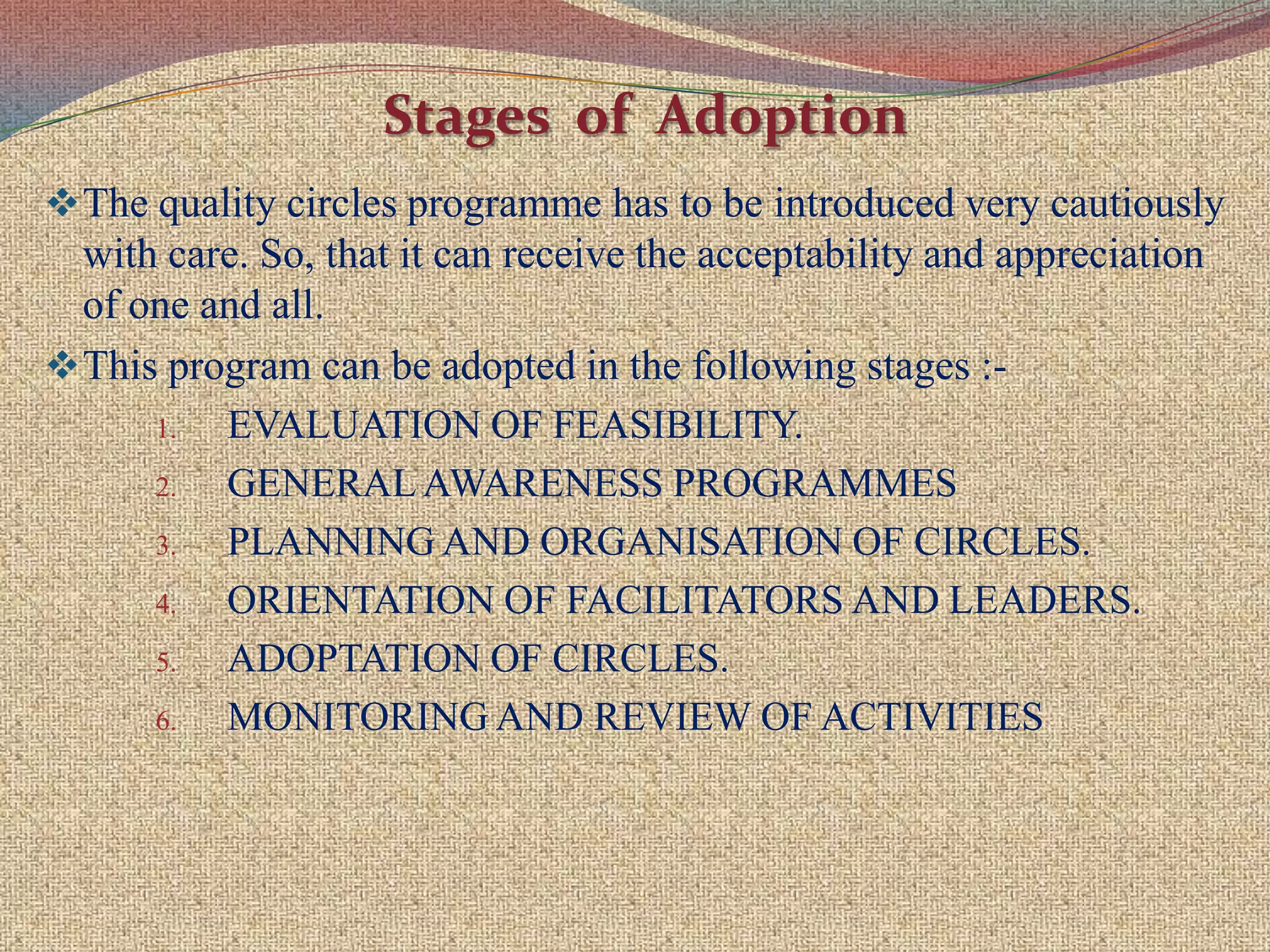 The quality circle organisation has a :-MEMBERLEADERSFACILITATORSSTEERING COMMITTEE