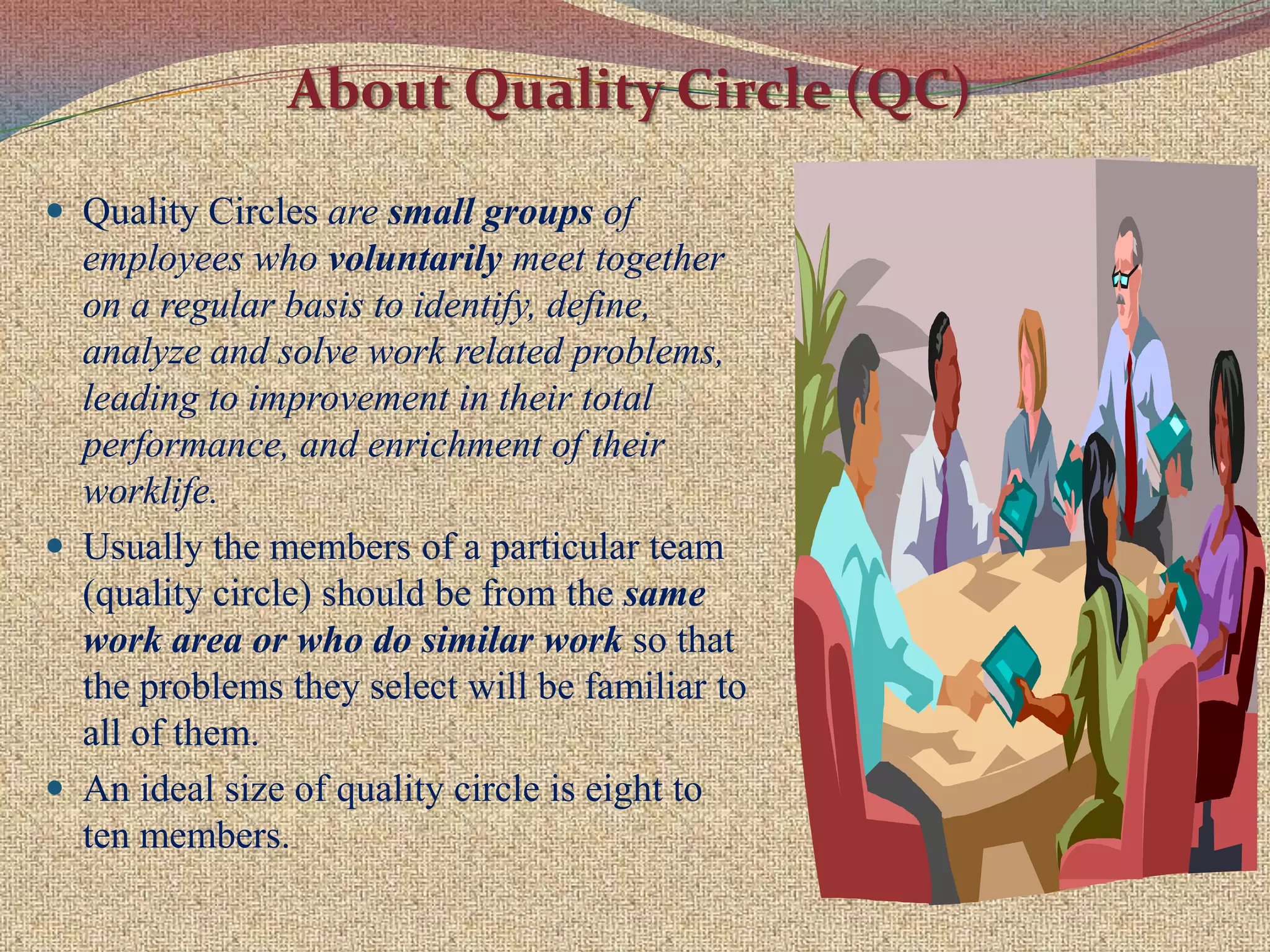 A quality circle is a participatory management technique that enlists the help of employees in solving problems related to their own jobs .About Human Resource DevelopmentIt essentially involves giving due recognition to the contribution of employees and deriving full benefit from their experiences, so as to achieve improved work planning, better product quality and higher employee morale, all of which leads to higher productivity & better human relations.
