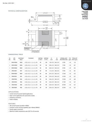 PHYSICAL CONFIGURATION LOW OHM
POWER
RESISTORS
HRE
e : info@htr-india.com
www.htr-india.com
APPLICATIONS
• 	 Current sensor for power hybrid applications.
• 	 High current applications for automotive market.
• 	 Frequency convertors.
• 	 Power modules.
FEATURES
• 	 5W constant power possible in R0002.
• 	 Constant current carrying capability upto 160amp (R0002).
• 	 Sturdy copper connectors.
• 	 Maximum solder temperature upto 350°C for 30 seconds.
Rev Date : 29/01/2021
Size 4026
2/5
DIMENSIONAL TABLE
	 Sr	 HTR	 RESISTANCE	 TOLERANCE	 WATTAGE	 WATTAGE	 D1	 D2	 INTERNAL HEAT	 TCR	 Typicalwt.	
	 No.	 TYPE	 value		 AT100° C	 AT70° C	(mm)	(mm)	 RESISTANCE (Rthi)	(ppm)	per pc (gms)
	 1	 HRE5W R0002	 R0002	 ± 0.25, ± 0.5, ± 1, ± 2, ± 3, ± 5%	 5W	 12W	 1.30± 0.10	 0.40± 0.10	 4° K/W	 <50	 1.30	
	 2	 HRE5W R0003	 R0003	 ± 0.25, ± 0.5, ± 1, ± 2, ± 3, ± 5%	 5W	 9W	 0.99± 0.10	 0.40± 0.10	 5° K/W	 <50	 0.91
	 3	 HRE5W R0005	 R0005	 ± 0.25, ± 0.5, ± 1, ± 2, ± 3, ± 5%	 5W	 8W	 0.65± 0.10	 0.40± 0.10	 8° K/W	 <50	 0.45
	 4	 HRE5W R001	 R001	 ± 0.25, ± 0.5, ± 1, ± 2, ± 3, ± 5%	 5W	 8W	 1.13± 0.10	 0.40± 0.10	9° K/W	 <50	 0.81
	 5	 HRE4W R0007	 R0007	 ± 0.25, ± 0.5, ± 1, ± 2, ± 3, ± 5%	 4W	 8W	 0.47± 0.10	 0.40± 0.10	12° K/W	 <50	 0.33
	 6	 HRE4W R001	 R001	 ± 0.25, ± 0.5, ± 1, ± 2, ± 3, ± 5%	 4W	 6W	 0.35± 0.10	 0.40± 0.10	14° K/W	 <50	 0.27
	 7	 HRE4W R002	 R002	 ± 0.25, ± 0.5, ± 1, ± 2, ± 3, ± 5%	 4W	 5W	 0.50± 0.10	 0.40± 0.10	14° K/W	 <50	 0.40
	 8	 HRE3W R003	 R003	 ± 0.25, ± 0.5, ± 1, ± 2, ± 3, ± 5%	 3W	 5W	 0.34± 0.10	 0.40± 0.10	21° K/W	 <50	 0.27
	 9	 HRE3W R004	 R004	 ± 0.25, ± 0.5, ± 1, ± 2, ± 3, ± 5%	 3W	 4W	 0.34± 0.10	 0.40± 0.10	 28° K/W	 <50	 0.27
	 10	 HRE3W R005	 R005	 ± 0.25, ± 0.5, ± 1, ± 2, ± 3, ± 5%	 2W	 3W	 0.34± 0.10	 0.40± 0.10	 33° K/W	 <50	 0.27
 