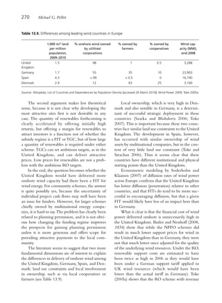 270         Michael G. Pollitt


Table 13.9. Differences among leading wind countries in Europe

                  1,000 mi2 land      % onshore wind owned            % owned by              % owned by             Wind cap-
                    per million            by utilities/                farmers               cooperatives          acity (MW),
                   population,            corporations                                                               end 2008
                    2009–2010
United                  1.5                         98                         1                   0.5                 3,288
Kingdom
Germany                 1.7                         55                        35                    10                23,903
Spain                   4.3                       > 99                      < 0.5                    0                16,740
Denmark                 2.9                         12                        63                    25                 3,160

Sources: Wikipedia, List of Countries and Dependencies by Population Density (accessed 26 March 2010); Wind Power 2009; Toke 2005a


    The second argument makes less theoretical                           Local ownership, which is very high in Den-
sense, because it is not clear why developing the                   mark and also notable in Germany, is a determi-
most attractive sites first is not desirable in any                 nant of successful strategic deployment in these
case. The quantity of renewables forthcoming is                     countries (Szarka and Bluhdorn 2006; Toke
clearly accelerated by offering initially high                      2007). This is important because these two coun-
returns, but offering a margin for renewables to                    tries face similar land use constraints to the United
attract investors is a function not of whether the                  Kingdom. The development in Spain, however,
subsidy regime is a FIT or TGC, but of how large                    has occurred with similar ownership of wind
a quantity of renewables is required under either                   assets by multinational companies, but in the con-
scheme. TGCs can set ambitious targets, as in the                   text of very little land use constraint (Toke and
United Kingdom, and can deliver attractive                          Strachan 2006). Thus it seems clear that these
prices. Low prices for renewables are not a prob-                   countries have different institutional and physical
lem with the ambitious RO targets.                                  starting points than the United Kingdom.
    In the end, the question becomes whether the                         Econometric modeling by Soderholm and
United Kingdom would have delivered more                            Klaassen (2007) of diffusion rates of wind power
onshore wind capacity had there been a FIT for                      across Europe confirms that the United Kingdom
wind energy. For community schemes, the answer                      has lower diffusion (penetration) relative to other
is quite possibly yes, because the uncertainty of                   countries, and that FITs do tend to be more suc-
individual project cash flows may well have been                    cessful in encouraging diffusion, but that a given
an issue for funders. However, for larger schemes                   FIT would likely have less of an impact here than
chiefly owned by multinational energy compa-                        in Germany.
nies, it is hard to say. The problem has clearly been                    What is clear is that the financial cost of wind
related to planning permission, and it is not obvi-                 power delivered onshore is unnecessarily high in
ous how changing the funding regime improves                        the United Kingdom. Butler and Neuhoff (2008,
the prospects for gaining planning permission                       1856) show that while the NFFO schemes did
unless it is more generous and offers scope for                     result in much lower support prices for wind in
providing attractive payments to the local com-                     the United Kingdom than in Germany, they were
munity.                                                             not that much lower once adjusted for the quality
    The literature seems to suggest that two more                   of the underlying wind resources. Under the RO,
fundamental dimensions are of interest to explain                   renewable support costs are estimated to have
the differences in delivery of onshore wind among                   been twice as high in 2006 as they would have
the United Kingdom, Germany, Spain, and Den-                        been under a German support tariff applied to
mark: land use constraints and local involvement                    UK wind resources (which would have been
in ownership, such as via local cooperatives or                     lower than the actual tariff in Germany). Toke
farmers (see Table 13.9).                                           (2005a) shows that the RO scheme with revenue
 