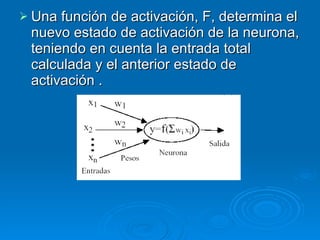 Una función de activación, F, determina el nuevo estado de activación de la neurona, teniendo en cuenta la entrada total calculada y el anterior estado de activación . 
