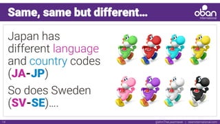 @IAmTheLaserHawk | obaninternational.com14
Same, same but different…
Japan has
different language
and country codes
(JA-JP)
So does Sweden
(SV-SE)….
 
