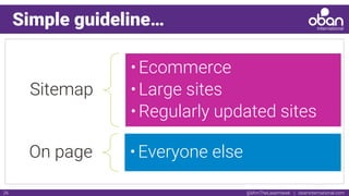 @IAmTheLaserHawk | obaninternational.com26
Simple guideline…
Sitemap
•Ecommerce
•Large sites
•Regularly updated sites
On page •Everyone else
 