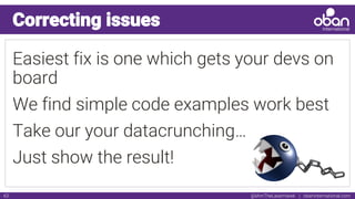 @IAmTheLaserHawk | obaninternational.com43
Correcting issues
Easiest fix is one which gets your devs on
board
We find simple code examples work best
Take our your datacrunching…
Just show the result!
 