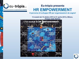 1
Eu-tròpia presenta
HR EMPOWERMENT
Il percorso di sviluppo HR per organizzazioni da sogno!
13 moduli dal 15 ottobre 2015 al 21 aprile 2016 a Milano,
Palazzo delle Stelline
 