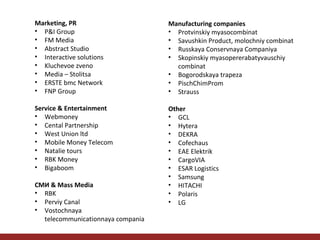 Marketing, PR
• P&I Group
• FM Media
• Abstract Studio
• Interactive solutions
• Kluchevoe zveno
• Media – Stolitsa
• ERSTE bmc Network
• FNP Group

Manufacturing companies
• Protvinskiy myasocombinat
• Savushkin Product, molochniy combinat
• Russkaya Conservnaya Companiya
• Skopinskiy myasopererabatyvauschiy
combinat
• Bogorodskaya trapeza
• PischChimProm
• Strauss

Service & Entertainment
• Webmoney
• Cental Partnership
• West Union ltd
• Mobile Money Telecom
• Natalie tours
• RBK Money
• Bigaboom

Other
• GCL
• Hytera
• DEKRA
• Cofechaus
• EAE Elektrik
• CargoVIA
• ESAR Logistics
• Samsung
• HITACHI
• Polaris
• LG

СМИ & Mass Media
• RBK
• Perviy Canal
• Vostochnaya
telecommunicationnaya compania

 