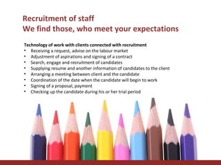 Recruitment of staff
We find those, who meet your expectations
Technology of work with clients connected with recruitment
• Receiving a request, advise on the labour market
• Adjustment of aspirations and signing of a contract
• Search, engage and recruitment of candidates
• Supplying resume and another information of candidates to the client
• Arranging a meeting between client and the candidate
• Coordination of the date when the candidate will begin to work
• Signing of a proposal, payment
• Checking up the candidate during his or her trial period

 
