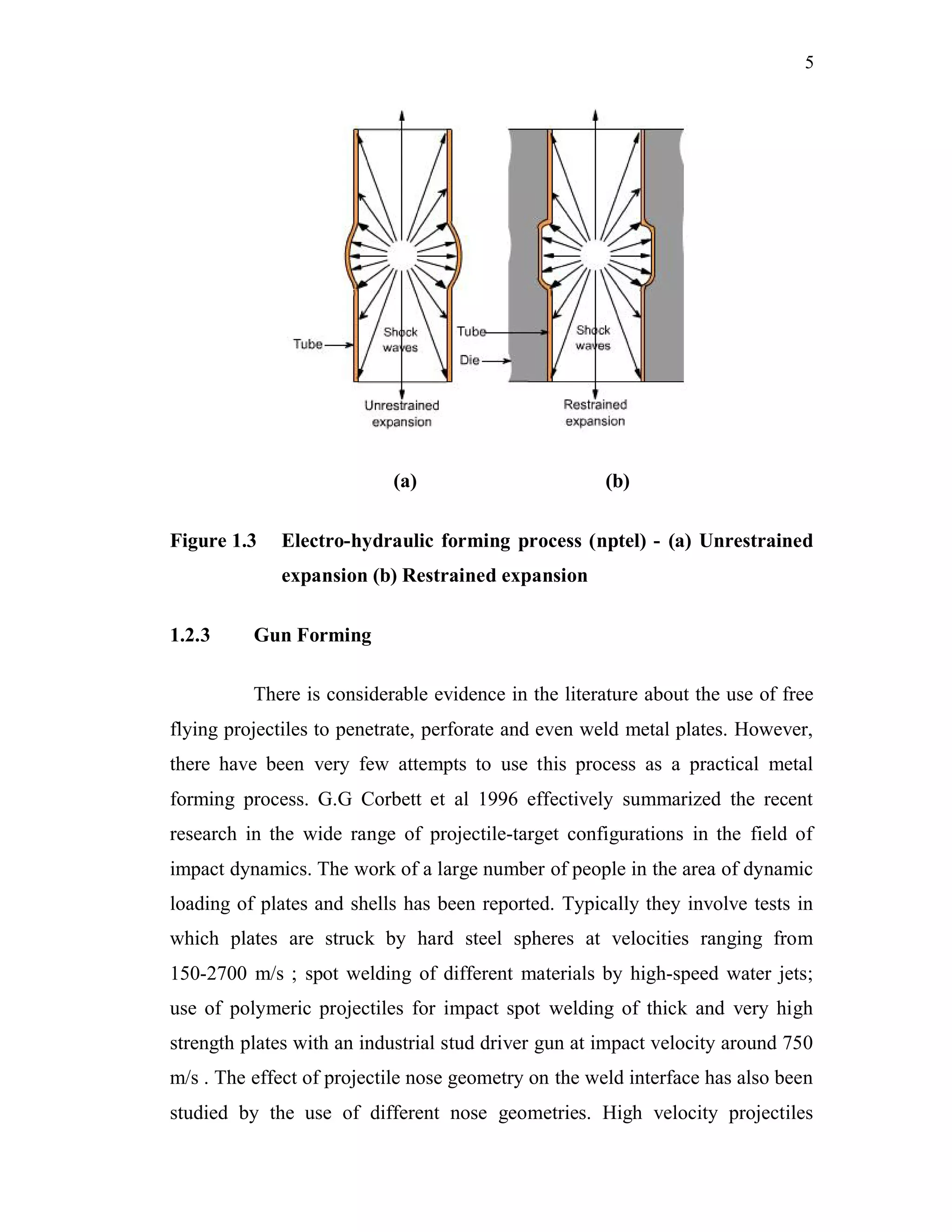 5
(a) (b)
Figure 1.3 Electro-hydraulic forming process (nptel) - (a) Unrestrained
expansion (b) Restrained expansion
1.2.3 Gun Forming
There is considerable evidence in the literature about the use of free
flying projectiles to penetrate, perforate and even weld metal plates. However,
there have been very few attempts to use this process as a practical metal
forming process. G.G Corbett et al 1996 effectively summarized the recent
research in the wide range of projectile-target configurations in the field of
impact dynamics. The work of a large number of people in the area of dynamic
loading of plates and shells has been reported. Typically they involve tests in
which plates are struck by hard steel spheres at velocities ranging from
150-2700 m/s ; spot welding of different materials by high-speed water jets;
use of polymeric projectiles for impact spot welding of thick and very high
strength plates with an industrial stud driver gun at impact velocity around 750
m/s . The effect of projectile nose geometry on the weld interface has also been
studied by the use of different nose geometries. High velocity projectiles
 