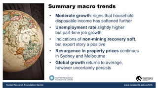 Hunter Research Foundation Centre www.newcastle.edu.au/hrfc
Summary macro trends
? Moderate growth: signs that household
disposable income has softened further
? Unemployment rate slightly higher
but part-time job growth
? Indications of non-mining recovery soft,
but export story a positive
? Resurgence in property prices continues
in Sydney and Melbourne
? Global growth returns to average,
however uncertainty persists
 