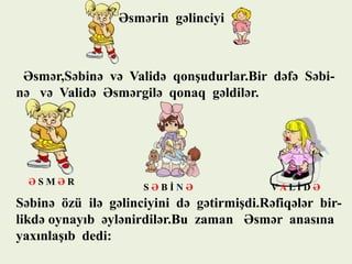 Əsmərin gəlinciyi

Əsmər,Səbinə və Validə qonşudurlar.Bir dəfə Səbinə və Validə Əsmərgilə qonaq gəldilər.

ƏSMƏR

SƏBİNƏ

VALİ D Ə

Səbinə özü ilə gəlinciyini də gətirmişdi.Rəfiqələr birlikdə oynayıb əylənirdilər.Bu zaman Əsmər anasına
yaxınlaşıb dedi:

 