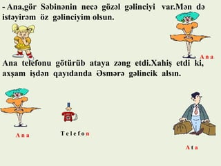 - Ana,gör Səbinənin necə gözəl gəlinciyi var.Mən də
istəyirəm öz gəlinciyim olsun.

An a

Ana telefonu götürüb ataya zəng etdi.Xahiş etdi ki,
axşam işdən qayıdanda Əsmərə gəlincik alsın.

Ana

Telefon
Ata

 