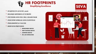 HR FOOTPRINTS
Simplifying Excellence
• STARTED IN AUGUST, 2006
• HEADQUARTERED AT EUROPE
• FOUNDER AND CEO- DR. G RAJKUMAR
• INDUSTRY SPREAD AND CLIENTELE
• PHILOSOPHY & VALUES
• SERVICES PROVIDED
• RECRUITMENT SERVICE
• TEMP STAFFING SERVICE
• LEARNING SERVICE
• HR & OD CONSULTING
SEVA
 