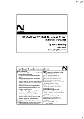 15/11/58
1
HR Outlook 2016 & Business Trend
HR North Forum 2015
by Tayat Sriplung
081-6399076
tayat.sriplung@hotmail.com
รายละเอียด ประวัติ คุณวุฒิและประสบการณ์วิทยากร
 20 ปี โดยมี
o Change Management
องค์กร
o Succession Planning, Talent Development
และ Executive Coaching
o
o การปรับโครงสร ้างองค์กร,และการพัฒนาองค์กรสู่
มาตรฐานสากล
o การออกแบบโครงสร ้างเงินเดือน,และสวัสดิการ
o การออกแบบดัชนีวัดความสําเร็จของงาน (KPI),
o การพัฒนาวัฒนธรรมองค์กร
o การพัฒนาระดับ Engagement ของพนักงานและ
ของหุ้นส่วนธุรกิจ (Stakeholder Engagement)
o การออกแบบ Sales Incentives
o
o การพัฒนา Inside-Out Brand ขององค์กร
 เป็นผู้บรรยายพิเศษให ้กับองค์กรและสถาบันการศึกษา
ต่างๆ
 เคยดํารงตําแหน่งบรรณาธิการของวารสาร “ฅน”
วารสารทางวิชาการโดยทางสมาคมการจัดการงาน
บุคคลแห่งประเทศไทย
คุณวุฒิ
 ศิษย์เก่าดีเด่นคณะพาณิชย์ศาตร์การบัญชี
มหาวิทยาลัยธรรมศาสตร์, 2551
Top 100 HR in Thailand Award, 2550
Certified NLP (Executive Coaching)
Management Certification Program, UCLA
HRM Program, London Business School
 ปริญญาโทจาก Southern Illinois University ด ้าน
Management Information System
 ปริญญาตรีจาก Luther College ด ้าน Information
System, และ Thammasat University, Acct
ประสบการณ์การทํางาน
 บริษัทเอสโซ่ ประเทศไทย จํากัด
 บริษัท Accenture จํากัด (1) Senior Manager–
Process & Technology, (2) Change Management
Group Head
Managing Director Watson Wyatt (Thailand)
 รองกรรมการผู้จัดการใหญ่กลุ่มมิตรผล
 กรรมการผู้จัดการบริษัท 124 Management
Consulting
 กรรมการผู้จัดการบริษัทThe Nile
081-6399076
tayat.sriplung@hotmail.com
 