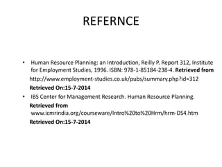 REFERNCE
• Human Resource Planning: an Introduction, Reilly P. Report 312, Institute
for Employment Studies, 1996. ISBN: 978-1-85184-238-4. Retrieved from
http://www.employment-studies.co.uk/pubs/summary.php?id=312
Retrieved On:15-7-2014
• IBS Center for Management Research. Human Resource Planning.
Retrieved from
www.icmrindia.org/courseware/Intro%20to%20Hrm/hrm-DS4.htm
Retrieved On:15-7-2014
 