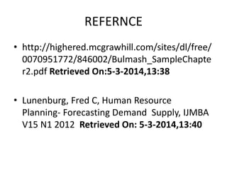 REFERNCE
• http://highered.mcgrawhill.com/sites/dl/free/
0070951772/846002/Bulmash_SampleChapte
r2.pdf Retrieved On:5-3-2014,13:38
• Lunenburg, Fred C, Human Resource
Planning- Forecasting Demand Supply, IJMBA
V15 N1 2012 Retrieved On: 5-3-2014,13:40
 