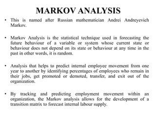 MARKOV ANALYSIS
• This is named after Russian mathematician Andrei Andreyevich
Markov.
• Markov Analysis is the statistical technique used in forecasting the
future behaviour of a variable or system whose current state or
behaviour does not depend on its state or behaviour at any time in the
past in other words, it is random.
• Analysis that helps to predict internal employee movement from one
year to another by identifying percentages of employees who remain in
their jobs, get promoted or demoted, transfer, and exit out of the
organization.
• By tracking and predicting employment movement within an
organization, the Markov analysis allows for the development of a
transition matrix to forecast internal labour supply.
 