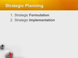 Strategic Planning
1. Strategic Formulation
2. Strategic Implementation
 