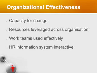 Organizational Effectiveness
Capacity for change
Resources leveraged across organisation
Work teams used effectively
HR information system interactive
 
