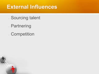 External Influences
Sourcing talent
Partnering
Competition
 