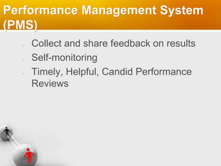 Performance Management System
(PMS)
Collect and share feedback on results
Self-monitoring
Timely, Helpful, Candid Performance
Reviews
 
