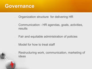 Governance
Organization structure for delivering HR
Communication - HR agendas, goals, activities,
results
Fair and equitable administration of policies
Model for how to treat staff
Restructuring work, communication, marketing of
ideas
 