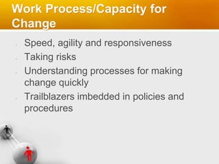 Work Process/Capacity for
Change
Speed, agility and responsiveness
Taking risks
Understanding processes for making
change quickly
Trailblazers imbedded in policies and
procedures
 