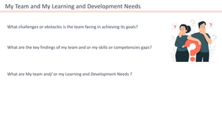 My Team and My Learning and Development Needs
What are the key findings of my team and or my skills or competencies gaps?
What challenges or obstacles is the team facing in achieving its goals?
What are My team and/ or my Learning and Development Needs ?
 