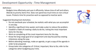 Development Opportunity : Time Management
Definition:
Budgets time effectively and uses it efficiently. Values time of self and others.
Attends to priority items first. Does not spend too much time on non-critical
issues. Protects time for proactive work as opposed to reactive work.
Suggested Development Activities:
• Do not overbook your schedule; be realistic with what you can accomplish
in one day.
• Identify a significant time waster and make a plan to reduce the problem.
• Establish a habit of creating a daily to-do list, noting the most important
items for the day.
• Work on completing all the most important items for the day.
• Know the long-range goal of an assignment and stay focused by creating
milestones along the way.
• Before attending meetings, make an agenda, or get a copy of the agenda in
order to be prepared.
• Group tasks into categories of: Critical, Important, Nice to Do; refer to the
categories when budgeting your time.
 