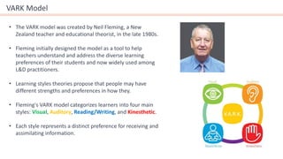 VARK Model
• The VARK model was created by Neil Fleming, a New
Zealand teacher and educational theorist, in the late 1980s.
• Fleming initially designed the model as a tool to help
teachers understand and address the diverse learning
preferences of their students and now widely used among
L&D practitioners.
• Learning styles theories propose that people may have
different strengths and preferences in how they.
• Fleming's VARK model categorizes learners into four main
styles: Visual, Auditory, Reading/Writing, and Kinesthetic.
• Each style represents a distinct preference for receiving and
assimilating information.
 