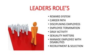 LEADERS ROLE’S 
• REWARD SYSTEM 
• CAREER PATH 
• DISCIPLINING EMPLOYEES 
• EMPLOYEE TERMINATION 
• DAILY ACTIVITY 
• SEXUALITY MATTERS 
• MANAGE EMPLOYEE WITH 
DISABILITIES 
• RECRUITMENT & SELECTION 
 