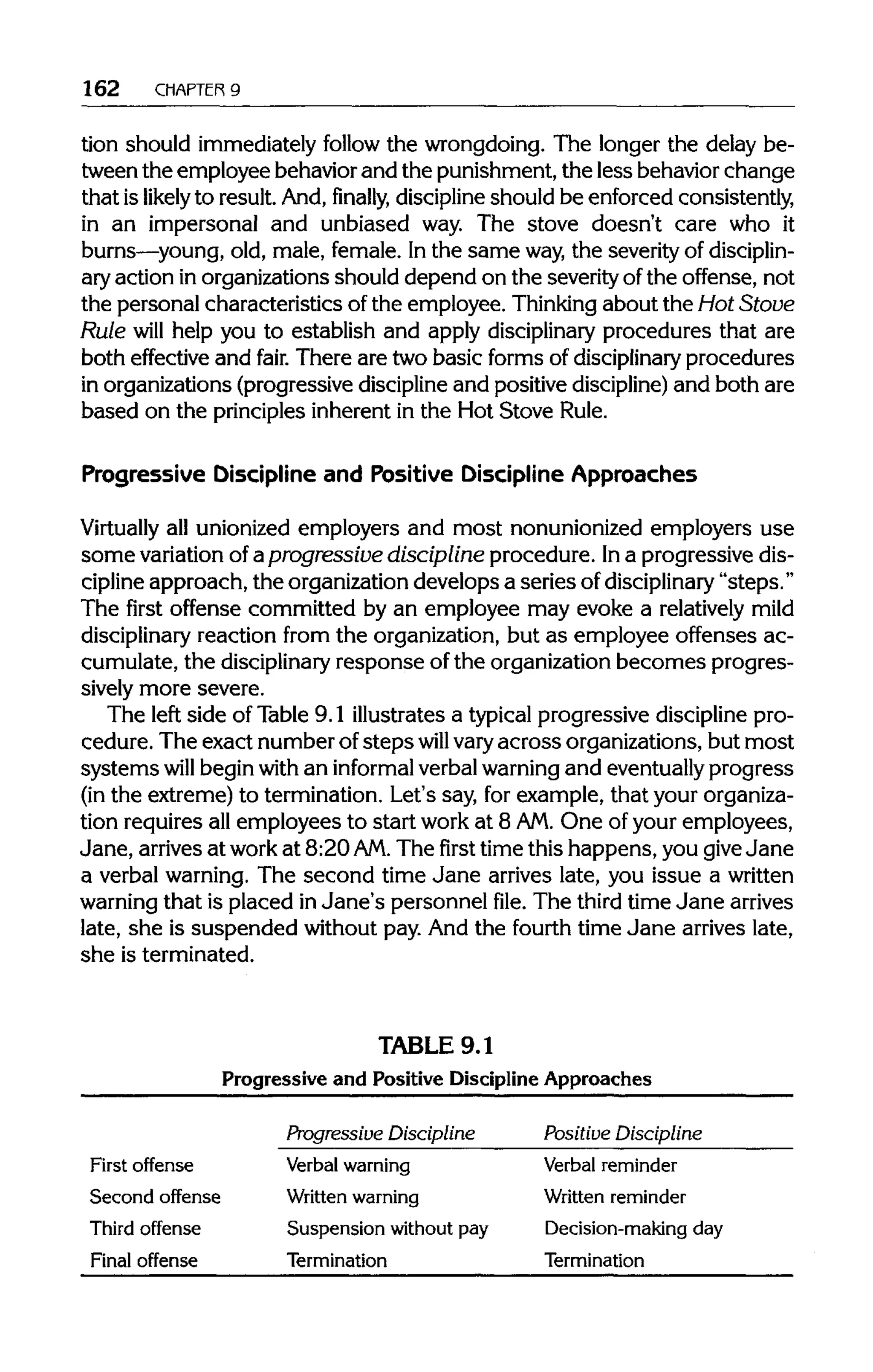 162 CHAPTER9
tion should immediately follow the wrongdoing. The longer the delay be-
tween the employee behavior and the punishment, the less behavior change
that is likely to result. And, finally, discipline should be enforced consistently,
in an impersonal and unbiased way. The stove doesn't care who it
burns—young, old, male, female. In the same way, the severity of disciplin-
ary action in organizations should depend on the severity of the offense, not
the personal characteristics of the employee. Thinking about the Hot Stove
Rule will help you to establish and apply disciplinary procedures that are
both effective and fair. There are two basic forms of disciplinary procedures
in organizations (progressive discipline and positive discipline) and both are
based on the principles inherent in the Hot Stove Rule.
Progressive Discipline and Positive Discipline Approaches
Virtually all unionized employers and most nonunionized employers use
some variation of aprogressive discipline procedure. Ina progressive dis-
cipline approach, the organization develops a series of disciplinary"steps."
The first offense committed by an employee may evoke a relatively mild
disciplinary reaction from the organization, but as employee offenses ac-
cumulate, the disciplinaryresponse ofthe organization becomes progres-
sively more severe.
The left side of Table 9.1 illustrates a typical progressive discipline pro-
cedure. The exact number of stepswill varyacross organizations, but most
systems will begin with an informal verbal warning and eventuallyprogress
(in the extreme) to termination. Let's say, for example, that your organiza-
tion requires all employees to start work at 8 AM. One of your employees,
Jane, arrives at work at 8:20 AM. The first time this happens, you giveJane
a verbal warning. The second time Jane arrives late, you issue a written
warning that is placed inJane's personnel file. The third time Jane arrives
late, she is suspended without pay. And the fourth time Jane arrives late,
she is terminated.
TABLE 9.1
Progressive and Positive Discipline Approaches
First offense
Second offense
Third offense
Final offense
Progressive Discipline
Verbalwarning
Writtenwarning
Suspension without pay
Termination
Positive Discipline
Verbal reminder
Written reminder
Decision-making day
Termination
 