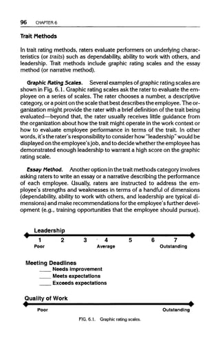96 CHAPTER 6
Trait Methods
In trait rating methods, raters evaluate performers on underlying charac-
teristics (or traits) such as dependability,ability to work with others, and
leadership. Trait methods include graphic rating scales and the essay
method (or narrativemethod).
Graphic Rating Scales. Several examples of graphic ratingscales are
shown in Fig. 6.1.Graphicratingscales ask the rater to evaluate the em-
ployee on a series of scales. The rater chooses a number, a descriptive
category, or a pointon the scale that best describes the employee. Theor-
ganization might providethe raterwith a brief definition of the trait being
evaluated—beyond that, the rater usually receives little guidance from
the organizationabout how the trait might operate inthe workcontext or
how to evaluate employee performance in terms of the trait. In other
words, it's the rater's responsibilityto consider how"leadership"wouldbe
displayed on the employee's job, and to decide whetherthe employee has
demonstrated enough leadership to warranta high score on the graphic
rating scale.
Essay Method. Anotheroption inthe trait methods category involves
asking raters to write an essay or a narrativedescribing the performance
of each employee. Usually, raters are instructed to address the em-
ployee's strengths and weaknesses in terms of a handful of dimensions
(dependability, ability to work with others, and leadership are typicaldi-
mensions) and make recommendations forthe employee's further devel-
opment (e.g., trainingopportunities that the employee should pursue).
FIG. 6.1. Graphic ratingscales.
 