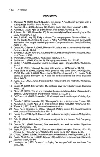 134 CHAPTER 7
ENDNOTES
1. Wanderer,M. (2000, Fourth Quarter). Dot-comp: A "traditional" pay plan with a
cutting edge. World at Work Journal, 15-24.
2. Dunham, K.J. (2002, January 22). Cuttingback. Wall Street Journal, p. B6.
3. Markels,A. (1998, April 9). Blank check. Wall Street Journal, p. Rl 1.
4. Johnson, B.(1997, December 15). Frozenassets behind heart-warming hype. The
Daily Telegraph, p. 32.
5. Kerr, S. (1996, July 22).Risky business: The new pay game. Business Week, pp.
93-96; Gupta, N.,Jenkins, G. D.,Jr.,&Mitra, A. (1995). The case of the invisible
merit raise: Howpeople see their pay raises. Compensation and Benefits Review,
27(3), 71-76.
6. Conlin, M., &Berner, R. (2002, February18). Alittle less in the envelope thisweek.
Business Week, 64-66.
7. Sweeney, P. (2000, June 14). Countingthe till, then trolling for new accounts. New
York Times, p. Cll.
8. Work week. (1996, April 2). Wall Street Journal, p. Al.
9. Buchanan, L. (2001, October 1).Managing one-to-one. Inc., 82-90.
10. Gilster, P. A. (2001, January). Online incentives sizzle—andyou shine. Workforce,
44-47.
11. Poe, A. C. (2003, February).Keepinghotel workers.HRMagazine, 91-93.
12. Frase-Blunt, M. (2001, August). What goes up may come down. HRMagazine,
85-90; The outlook. (2001, November 5). Wall Street Journal, p. Al; Conlin, M., &
Berner, R. (2002, February 18). A little less in the envelope this week. Business
Week, 64-66.
13. Marks, S. J. (2001, June). Incentives that really reward and motivate. Workforce,
108-114.
14. Conlin, M. (2002, February25). The software says you're just average. Business
Week, 126.
15. Bloom, M.(1999). The art and context of the deal: Abalanced view of executive in-
centives. Compensation and Benefits Review, 31(1), 25-31.
16. Del Franco, M. (2002, November). Don't drop those incentives yet. Catalog Age,
29.
17. Daniels,C. (1999, November22). "Thankyou"isnice, but thisisbetter.Fortune, 370.
18. Knowlton, C. (1990, April 9). 11 men's million-dollar motivator.Fortune, 65-68.
19. Winter, 1.(1997, June 2). Personal communication.
20. Knez, M., & Simester, D. (2002, February).Making across-the-board incentives
work. Harvard Business Review, 16-17.
21. Novak, C.J. (1997, April). Proceed with cautionwhen payingteams. HRMagazine,
73-76.
22. Balu, R. (2000, December). Bonuses aren't just for the bosses. Fast Company,
74-76.
23. Duncan,W. J. (2001, Summer). Stock ownership and work motivation.Organiza-
tional Dynamics, 1-11.
24. Boyle,M.(2001, January 22). Keepyour (stock) options open. Fortune, 155-158;
Armour, S. (1999, July 23). Watching the stock clock. USA Today, p. Bl.
25. O'Hara,T. (2001, July 16). Options with an uncertainvalue.Washington Post,p. E12.
26. Conlin, M., &Berner, R. (2002, February 18). Alittle less in the envelope thisweek.
Business Week, 64-66.
27. Harrington, A. (1999, October 11). Saying "we love you" with stock options.For-
tune,316.
 