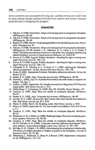180 CHAPTER 9
dance problems are associated with drug use, carefully review your state'slaw
on drug testing and get professional help (from lawyers and human resource
professionals) in designing the program.
ENDNOTES
1. Falcone, P. (1998, November). Adopt a formal approach to progressive discipline.
HRMagazine, 55-59.
2. Falcone, P. (1998, November). Adopt a formal approach to progressive discipline.
HRMagazine, 55-59.
3. Baskin, M.(1999, March).Avoiding legal pitfalls inthe disciplinary process. Associ-
ation Management, 81.
4. Falcone, P. (1998, November). Adopt a formal approach to progressive discipline.
HRMagazine, 55-59; Atwater, L. E., Waldman, D. A., Carey, J. A., & Cartier,P.
(2001). Recipient and observer reactions to discipline: Aremanagers experiencing
wishful thinking?Journal of Organizational Behavior, 22, 249-270.
5. Sunoo, B. P. (1996, August). Positive discipline—Sending the right or wrong mes-
sage? Personnel Journal, 109-110.
6. Sunoo, B. P. (1996, August). Positive discipline—Sending the right or wrong mes-
sage? Personnel Journal, 109-110.
7. Campbell, D. N., Fleming, R. L., & Grote, R. C. (1985, July/August). Discipline
without punishment—at last. Harvard Business Review, 162-178.
8. Grote, D. (2001, September/October). Disciplinewithout punishment. Across the
Board, 52-57.
9. Seeley, R. S. (1992, July). Corporate due process. HRMagazine, 46-49.
10. Dubecki, L.(2002, July 17). Australia Post workers decorate desks to support col-
league. TheAge, 7.
11. Carlton, J. (2001, September 18). Despite reversal ofno-flagpolicy,NCC1faces an
angry public. Wall Street Journal, p. A12.
12. Fields-Meyer, T., & Sweeney, W.(1998, May 18). McHoffa. People Weekly, 137.
13. Caudron, S. (1997, May). Blow the whistle on employee disputes. Workforce,
50-57.
14. Seeley, R. S. (1992, July). Corporate due process. HRMagazine, 46-49.
15. Jacobs, M.A. (1998, January 20). Red Lobster tale: Peers decide fired waitress's
fate. Wall Street Journal, pp. B11, B16.
16. Maher, K. (2002, March 12). Budding career. Wall Street Journal, p.B1O.
17. Meece, M.(2000, September 6). The very model of conciliation. New York Times,
p.Cl.
18. Caudron, S. (1997, May). Blow the whistle on employee disputes. Workforce,
50-57.
19. Bohlander, G.W, &White, H.(1988). Buildingbridges: Nonunionemployee griev-
ance systems. Personnel, 65, 62-66.
20. Caudron, S. (1997, May). Blow the whistle on employee disputes. Workforce,
50-57; McCabe, D.M.(1990). Corporate nonunion grievance procedures: Open
door policies—a procedural analysis. Labor Law Journal, 41, 551-557.
21. McCabe, D.M.,&Rabil, J. M.(2002). Administeringthe employment relationship:
The ethics of conflict resolution in relation to justice in the workplace. Journal of
Business Ethics, 36, 33-48.
22. Wittenberg, C.,Mackenzie,S., Shaw, M.,&Ross D.(1997, September).Andjustice
for all.HRMagazine, 131-137.
 