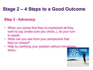 Stage 2 – 4 Steps to a Good Outcome

 Step 3 - Advocacy

 • When you sense that they’ve expressed all they
   want to say (make sure you check..), its your turn
   to speak.
 • What can you see from your perspective that
   they’ve missed?
 • Help by clarifying your position without minimising
   theirs.



June 7 2010
 