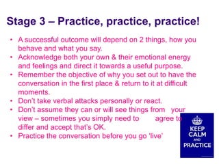 Stage 3 – Practice, practice, practice!
 • A successful outcome will depend on 2 things, how you
   behave and what you say.
 • Acknowledge both your own & their emotional energy
   and feelings and direct it towards a useful purpose.
 • Remember the objective of why you set out to have the
   conversation in the first place & return to it at difficult
   moments.
 • Don’t take verbal attacks personally or react.
 • Don’t assume they can or will see things from your
   view – sometimes you simply need to           agree to
   differ and accept that’s OK.
 • Practice the conversation before you go ‘live’

June 7 2010
 