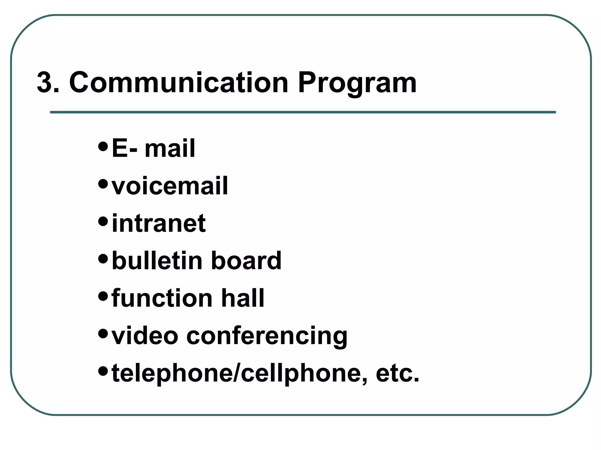 3. Communication Program E- mail voicemail intranet bulletin board function hall video conferencing telephone/cellphone, etc. 