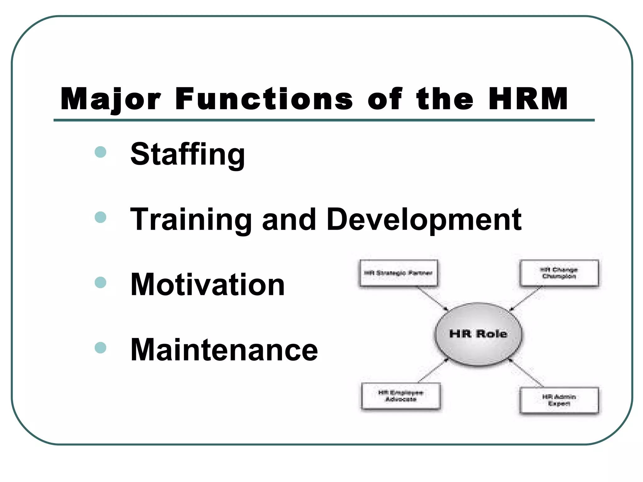 Major Functions of the HRM Staffing Training and Development Motivation Maintenance 