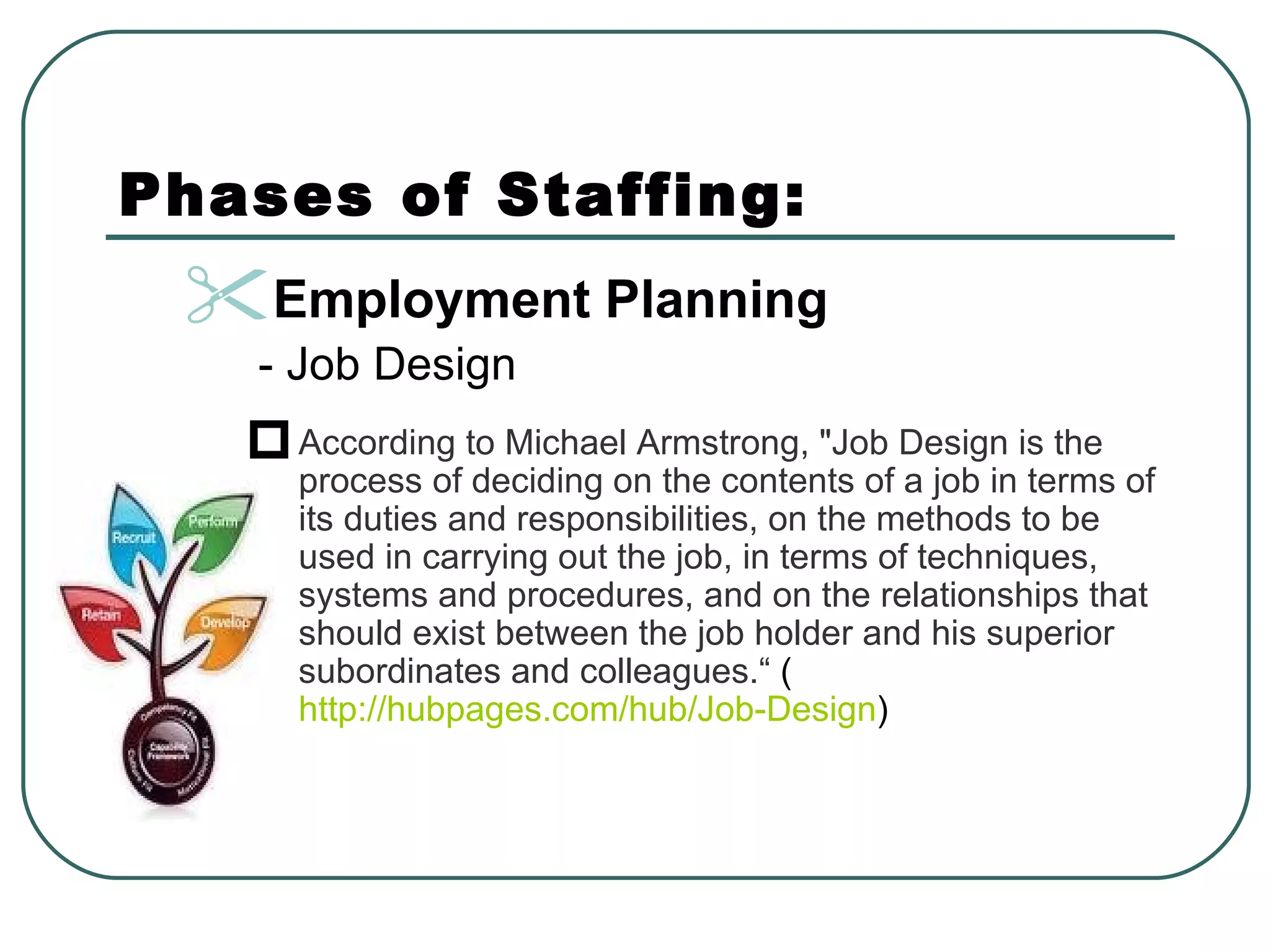 Phases of Staffing: Employment Planning     - Job Design According to Michael Armstrong, &quot;Job Design is the process of deciding on the contents of a job in terms of its duties and responsibilities, on the methods to be used in carrying out the job, in terms of techniques, systems and procedures, and on the relationships that should exist between the job holder and his superior subordinates and colleagues.“  ( http://hubpages.com/hub/Job-Design ) 