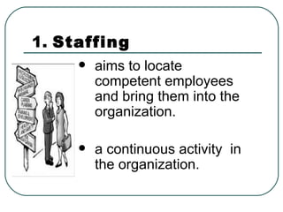 1.  Staffing aims to locate competent employees and bring them into the organization.  a continuous activity  in the organization. 