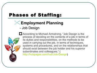 Phases of Staffing: Employment Planning     - Job Design According to Michael Armstrong, "Job Design is the process of deciding on the contents of a job in terms of its duties and responsibilities, on the methods to be used in carrying out the job, in terms of techniques, systems and procedures, and on the relationships that should exist between the job holder and his superior subordinates and colleagues.“  ( http://hubpages.com/hub/Job-Design ) 
