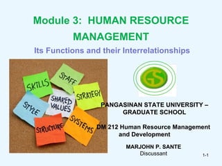 Module 3: HUMAN RESOURCE
          MANAGEMENT
Its Functions and their Interrelationships




                 PANGASINAN STATE UNIVERSITY –
                      GRADUATE SCHOOL

                DM 212 Human Resource Management
                      and Development
                        MARJOHN P. SANTE
                           Discussant        1-1
 