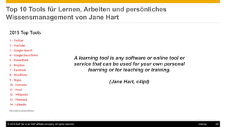 © 2015 SAP SE or an SAP affiliate company. All rights reserved. 29Internal
Top 10 Tools für Lernen, Arbeiten und persönliches
Wissensmanagement von Jane Hart
http://c4lpt.co.uk/top100tools/
A learning tool is any software or online tool or
service that can be used for your own personal
learning or for teaching or training.
(Jane Hart, c4lpt)
 