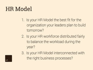 HR Model
1.  Is your HR Model the best ﬁt for the
organization your leaders plan to build
tomorrow?
2.  Is your HR workforce distributed fairly
to balance the workload during the
year?
3.  Is your HR Model interconnected with
the right business processes?

 