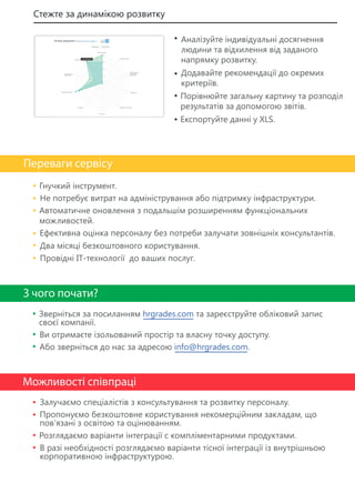 Стежте за динамікою розвитку 

 
 
Гнучкий інструмент. 
Не потребує витрат на адміністрування або підтримку інфраструктури. 
Автоматичне оновлення з подальшім розширенням функціональних 
можливостей. 
Ефективна оцінка персоналу без потреби залучати зовнішніх консультантів. 
Два місяці безкоштовного користування. 
Провідні IT-технології до ваших послуг. 
 
 ? 
Аналізуйте індивідуальні досягнення 
людини та відхилення від заданого 
напрямку розвитку. 
Додавайте рекомендації до окремих 
критеріїв. 
П орівнюйте загальну картину та розподіл 
результатів за допомогою звітів. 
Експортуйте данні у XLS. 
Зверніться за посиланням hrgrades.com та зареєструйте обліковий запис 
своєї компанії. 
Ви отримаєте ізольований простір та власну точку доступу. 
Або зверніться до нас за адресою info@hrgrades.com. 
  
Залучаємо спеціалістів з консультування та розвитку персоналу. 
Пропонуємо безкоштовне користування некомерційним закладам, що 
пов'язані з освітою та оцінюванням. 
Розглядаємо варіанти інтеграції с компліментарними продуктами. 
В разі необхідності розглядаємо варіанти тісної інтеграції із внутрішньою 
корпоративною інфраструктурою. 
 