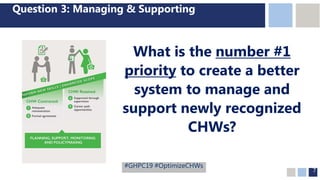 7
Question 3: Managing & Supporting
What is the number #1
priority to create a better
system to manage and
support newly recognized
CHWs?
#GHPC19 #OptimizeCHWs
 