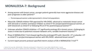MONALEESA-7: Background
 Among women with breast cancer, younger patients generally have more aggressive disease and
poor prognoses vs older patients[1]
‒ Premenopausal women underrepresented in clinical trial populations
 Ribociclib: CDK4/6 inhibitor FDA approved for HR+/HER2- advanced or metastatic breast cancer
with letrozole or another aromatase inhibitor as initial ET for pre/peri/postmenopausal women, or
with fulvestrant as initial ET or following PD on ET for postmenopausal women[2,3]
 Unknown whether CDK4/6 inhibition + ET significantly prolongs OS in breast cancer; challenging to
assess in trials due to potential crossover between arms, variable treatment histories[4,5]
 Phase III MONALEESA-7 trial showed significantly prolonged PFS with ribociclib + ET vs placebo + ET
as initial ET in pre/perimenopausal women with HR+/HER2- advanced breast cancer[6]
 Current report presents protocol-specified interim analysis of OS in MONALEESA-7 trial[7,8]
1. Bardia. Clin Cancer Res. 2018;24:5206. 2. Ribociclib and letrozole PI. 3. Ribociclib PI. 4. Turner. NEJM. 2018;379:1926. 5. Hurvitz.
Cancer Treat Rev. 2011;37:495. 6. Tripathy. Lancet Oncol. 2018;19:904. 7. Hurvitz. ASCO 2019. Abstr LBA1008. 8. Im. NEJM. 2019;[Epub].
 