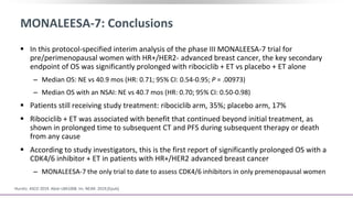 MONALEESA-7: Conclusions
 In this protocol-specified interim analysis of the phase III MONALEESA-7 trial for
pre/perimenopausal women with HR+/HER2- advanced breast cancer, the key secondary
endpoint of OS was significantly prolonged with ribociclib + ET vs placebo + ET alone
‒ Median OS: NE vs 40.9 mos (HR: 0.71; 95% CI: 0.54-0.95; P = .00973)
‒ Median OS with an NSAI: NE vs 40.7 mos (HR: 0.70; 95% CI: 0.50-0.98)
 Patients still receiving study treatment: ribociclib arm, 35%; placebo arm, 17%
 Ribociclib + ET was associated with benefit that continued beyond initial treatment, as
shown in prolonged time to subsequent CT and PFS during subsequent therapy or death
from any cause
 According to study investigators, this is the first report of significantly prolonged OS with a
CDK4/6 inhibitor + ET in patients with HR+/HER2 advanced breast cancer
‒ MONALEESA-7 the only trial to date to assess CDK4/6 inhibitors in only premenopausal women
Hurvitz. ASCO 2019. Abstr LBA1008. Im. NEJM. 2019;[Epub].
 